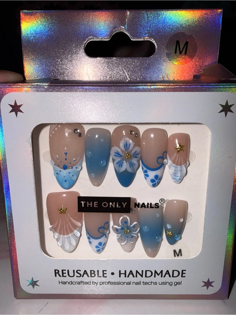 The Only Nails Reuable Handmade Blue Floral Medium Almond Press On Nails